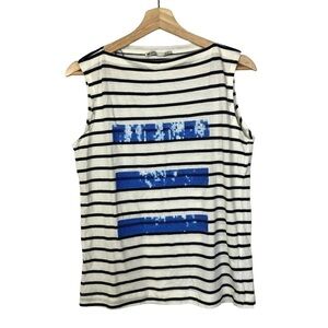 Zara Black & White Stripe Blue Sequin Tank Top M